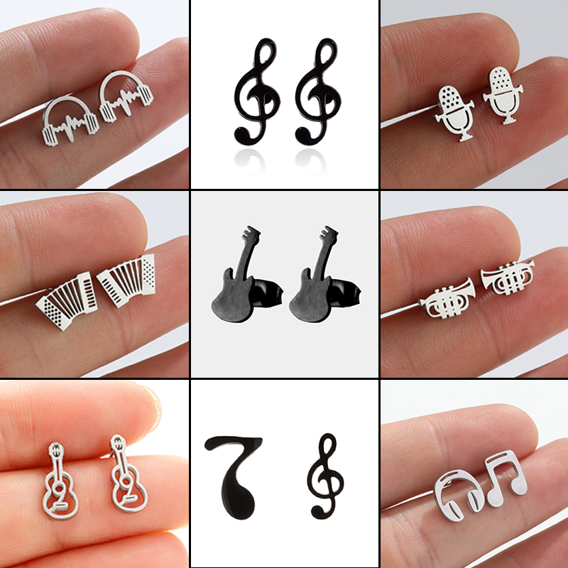 Musical Instruments Cartoon - Pendientes de Acero Inoxidable con Notas