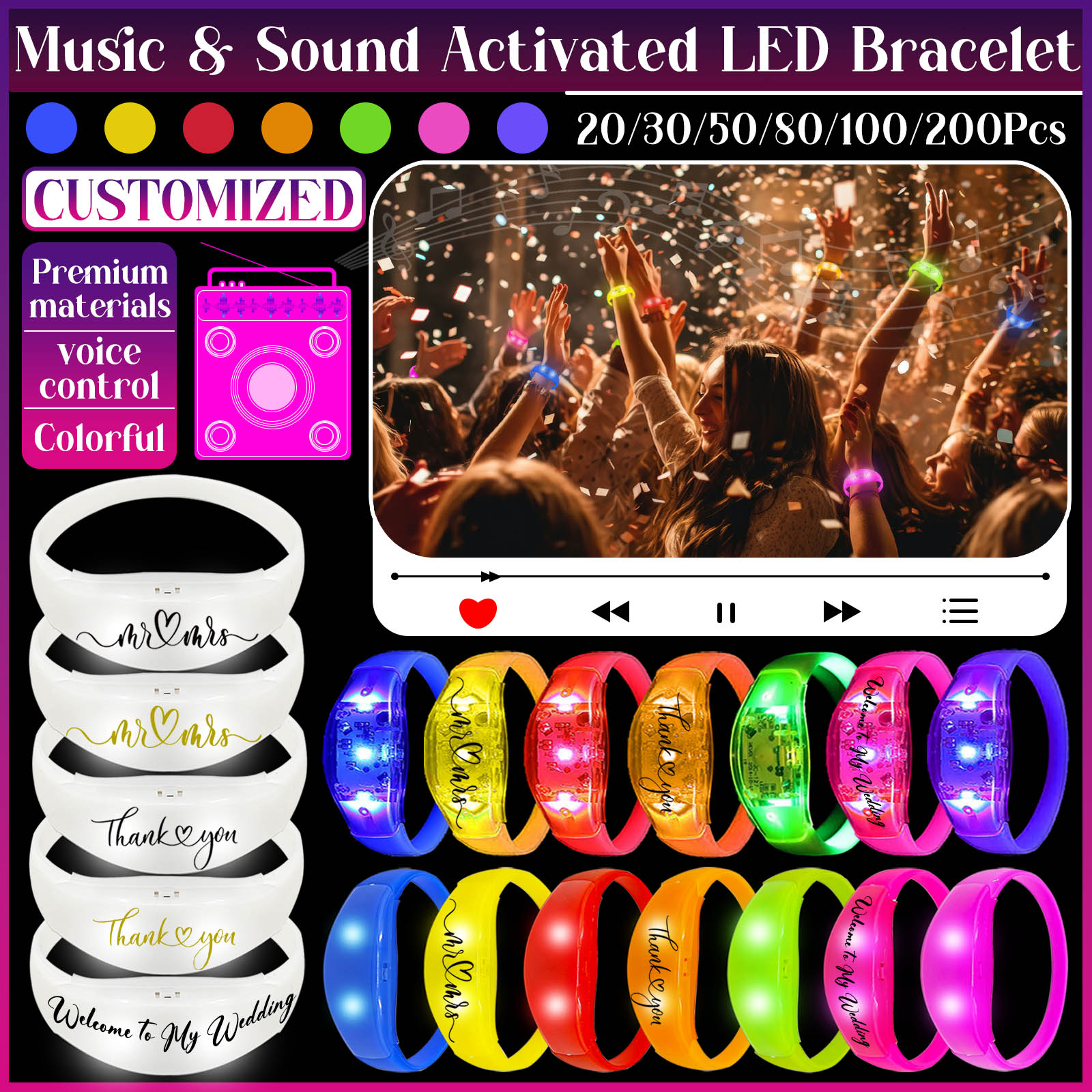Musical Instrument Gong - 20-200 Uds. Pulseras LED activadas por